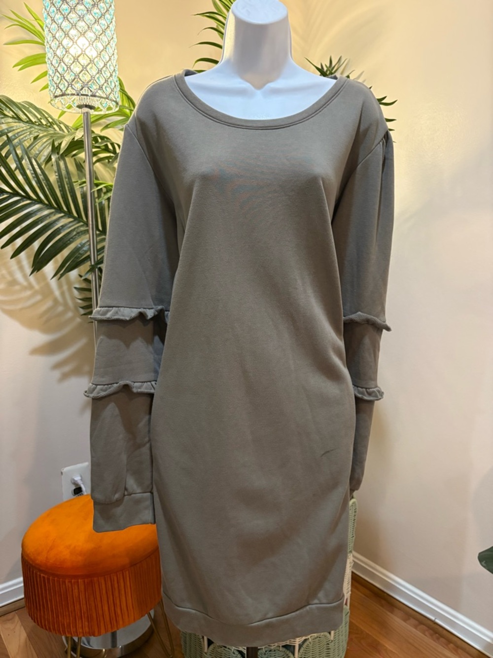 City Chic Olive Ruffle-Trim Long Sleeve Sweatshirt Dress